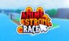 feature image for our anime strong races codes guide, the logo for the game is on top of a blurred background of a blue sky, blue water and a green grass platform with a tree