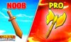 The featured image for our Chest Simulator codes guide, featuring a dagger on the left hand side of the screen infront of a blue background with the tag line "noob". A battle axe is shown on the right hand side of the screen with the tag line "pro".