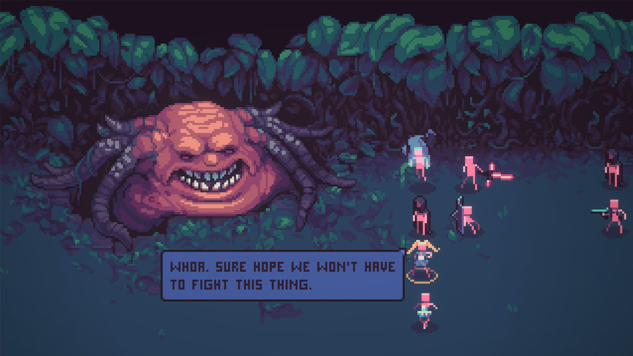 Third image used in this Despot's Game Review, featuring humans gathering round an absolute blob of a monster. One Human remarks in a speech bubble "Woah, sure hope we won't have to fight this thing."