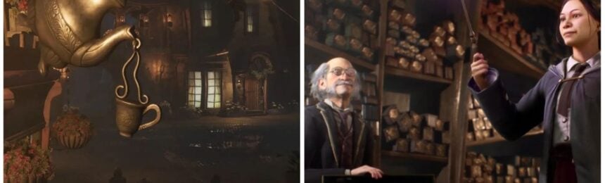 feature image for our hogwarts legacy shops guide, the image features a screenshot of hogsmeade village, as well as a screenshot of a character in ollivanders wand shop as they hold up their wand