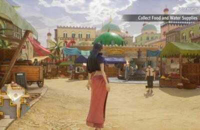 The featured image for our One Piece Odyssey Timeline guide, featuring a woman standing in a village square in a desert town.