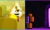 feature image for our shrek in the backrooms codes guide, the image features the monster shrek as they approach the player in the backrooms, as well as a roblox character facing a door that is glowing purple while they wear a hazmat suit