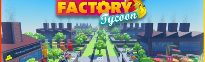 feature image for our smoothie factory tycoon codes, the image features a promo screenshot of a town and factory from the game, with lots of trees throughout the town, with the game's logo at the top surrounded by fruit