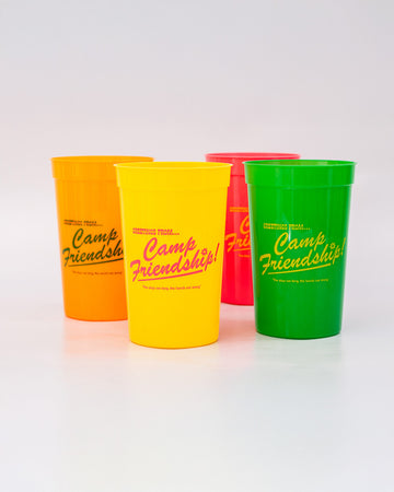 staggered set of 4 colorful plastic stadium cups with 'greetings from camp friendship!' across the front