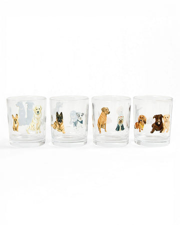 set of 4 glass short glasses with various types of dogs around it
