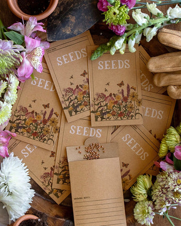scattered brown seed packets with delicate floral print and white 'SEEDS' typography across the front