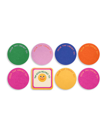 set of 14 colorful circle and smiley square bookplates with 'from the library of" and 'this book belongs to' on the front