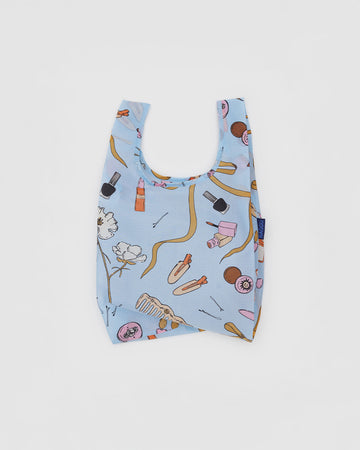 light blue baby baggu with various hair, makeup and floral print