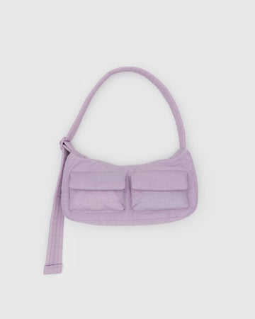 dusty pink mini cargo shoulder bag with adjustable strap and two front patch pockets