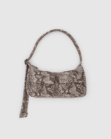 grey snakeskin mini cargo shoulder bag with adjustable strap and two front patch pockets