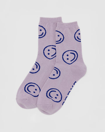 dusty pink socks with blue smiley print