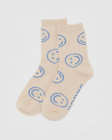 cream socks with all over periwinkle smiley face print