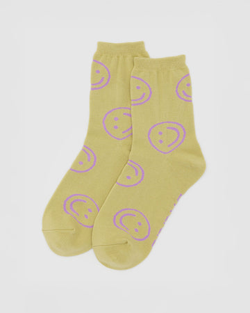 straw socks with pink smiley print
