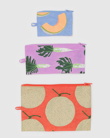 set of three flat pouch set: small french blue cantaloupe, medium dusty pink daikon, and large coral yubari