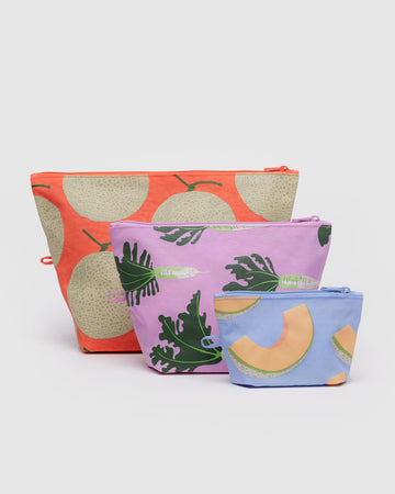 set of three go pouch set: small french blue cantaloupe, medium dusty pink daikon, and large coral yubari