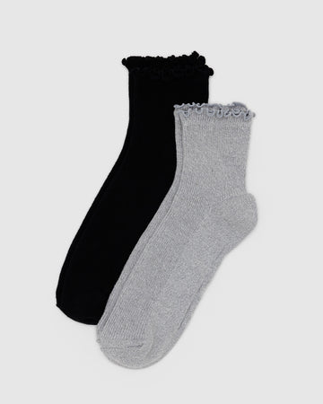 set of two pairs of lettuce trim socks in heather grey and black
