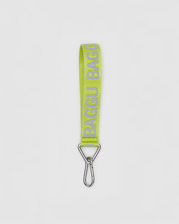 lime green keychain with grey 'baggu' logo and carabiner clip