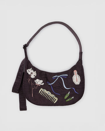 chocolate plum medium crescent bag with embroidered comb, hair notions and floral print