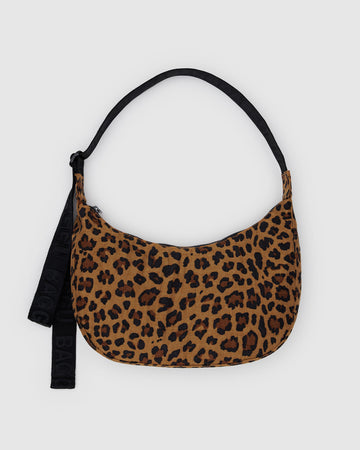 dark brown leopard medium nylon crescent bag with black strap
