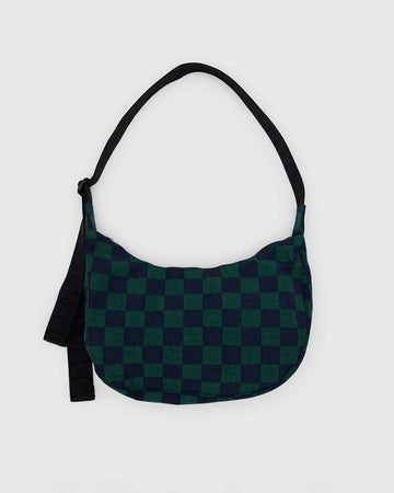 navy and dark green checkered medium crescent bag