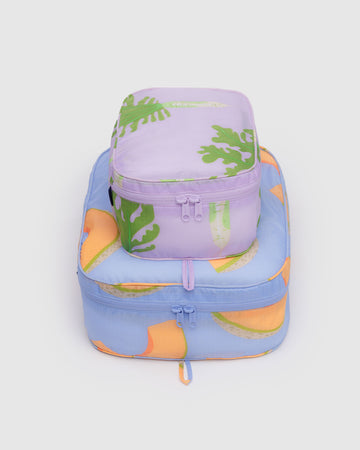 set of two packing cube set: small dusty pink daikon print and large blue cantaloupe print