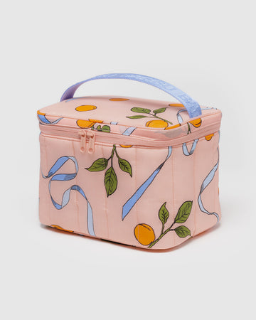 light pink puffy lunchbox with lavender handle and lavender bow and apricot print