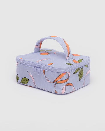 periwinkle small cosmetic bag with apricot and pink ribbon print