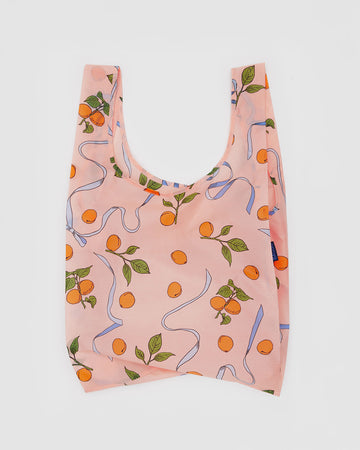 light pink standard baggu with lavender ribbon bows and apricot print
