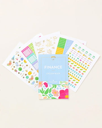 finance themed sticker book fanned on a table