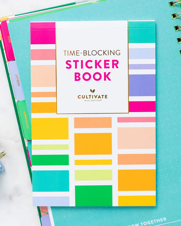 time-blocking sticker book with colorful sticker strips