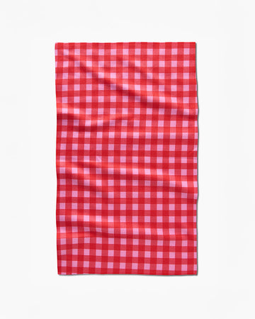 red and pink gingham tea towel