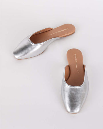 metallic silver slip on mules