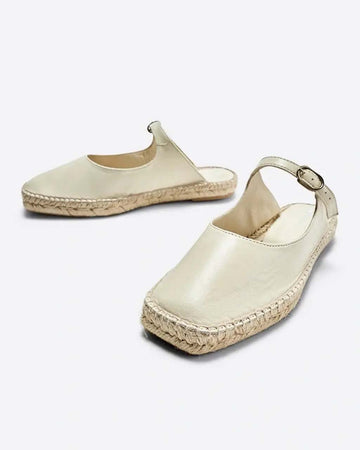 cream pearl slip on with mary jane buckle and espadrille soles