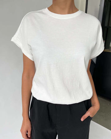 model wearing vintage white relaxed vintage tee