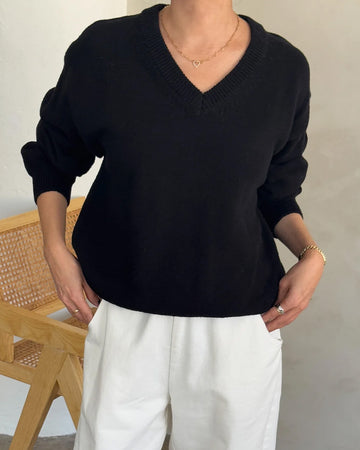 model wearing black deep v sweater