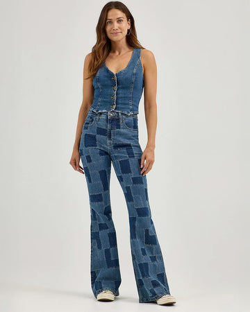 model wearing denim patchwork flared jeans
