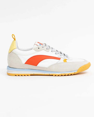 white sneakers with orange, yellow and blue retro accents