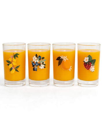 set of 4 mini berry and citrus hand painted glass set: strawberry, orange, lemon and blueberries