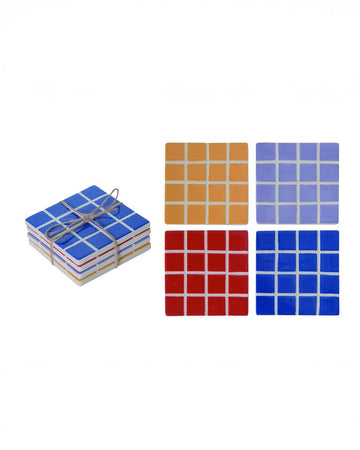set of four tile coasters in goldenrod, periwinkle, red, and royal blue