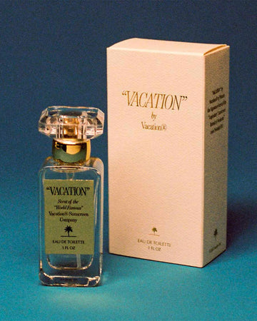 bottle of vacation perfume next to light pink vacation perfume box