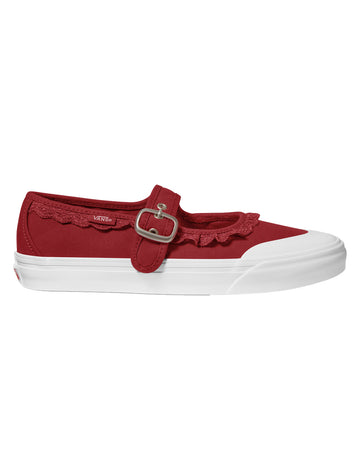 red mary jane shoe with ruffle detail and strap with buckle