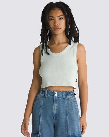 model wearing cropped pale aqua tank with thick straps and ribbed material