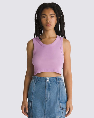 model wearing cropped smokey grape tank