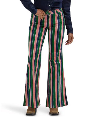 model wearing flared jeans with pink, green and navy blue vertical stripes