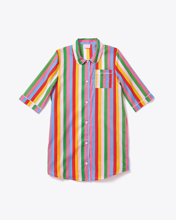 3/4 sleeve leisure dress with green, blue, pink, orange, and red vertical stripes