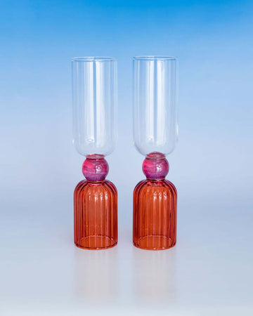 double ended bar glass set with clear, pink and red glass