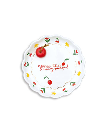 white trinket tray with abstract print with 'you're the cherry top!' and 3D cherry ring holder