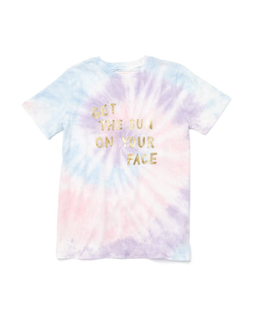 tie dyed t-shirt with "get the sun on your face" printed in metallic foil