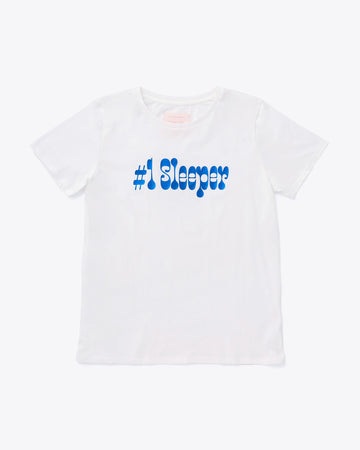 white tee with word art reading #1 sleeper