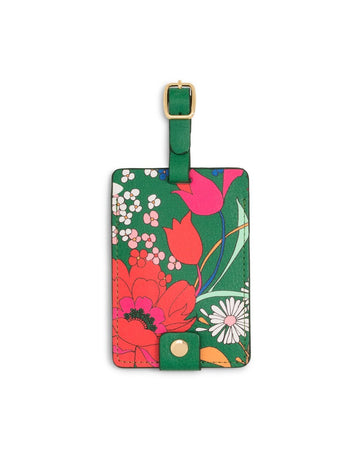 Emerald green luggage tag with floral pattern